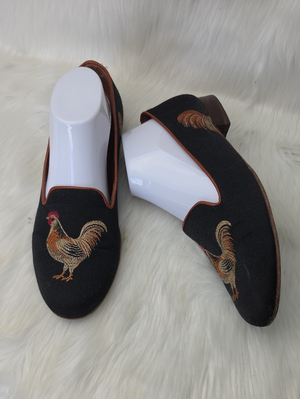 TALBOTS Black Fabric Rooster Chicken Embroidered Smoking Slipper Loafers 9.5 VTG